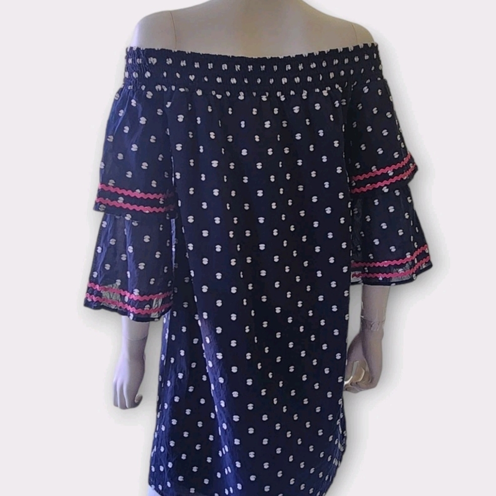 Sail to Sable Navy and Pink Off-Shoulder Mini Dress M - Picture 2 of 6